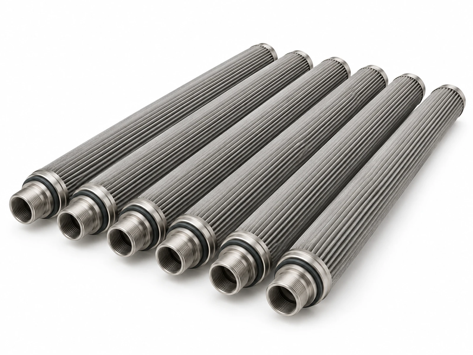 A row of long pleated stainless steel polymer melt candle filters with threaded ends lying on a cleaning rack