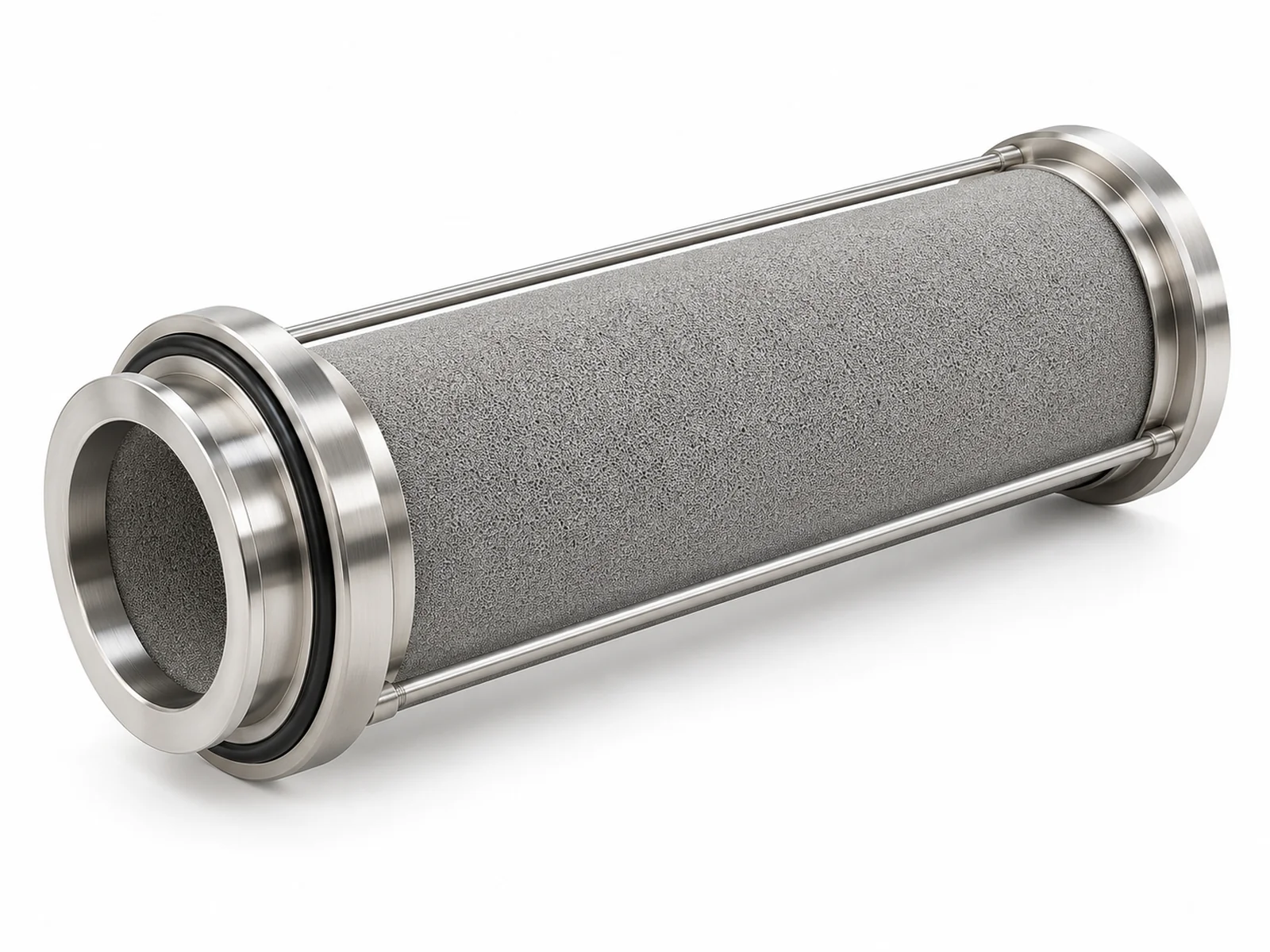 A stainless steel sintered catalyst trap filter housing opened to show a cylindrical grey sintered element