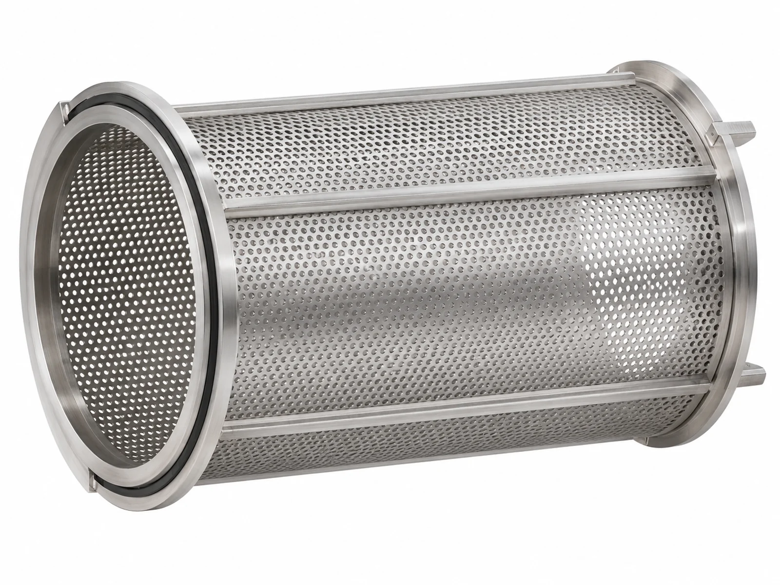 A cylindrical perforated stainless steel pulper finisher screen being removed from a tomato processing machine