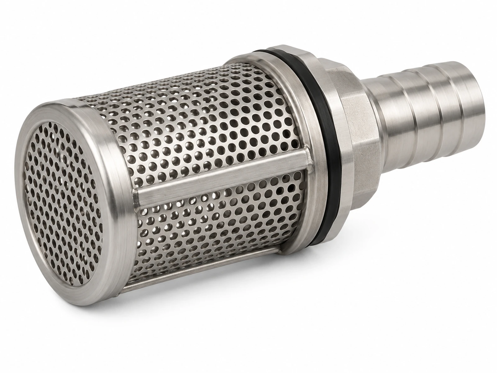 A stainless steel perforated pump foot valve suction strainer attached to the end of a suction hose at the edge of a pond