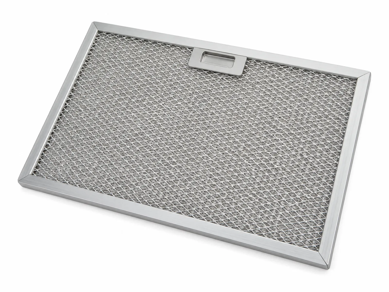 A rectangular multi-layer aluminum mesh range hood grease filter with silver frame and pull latch, angled view