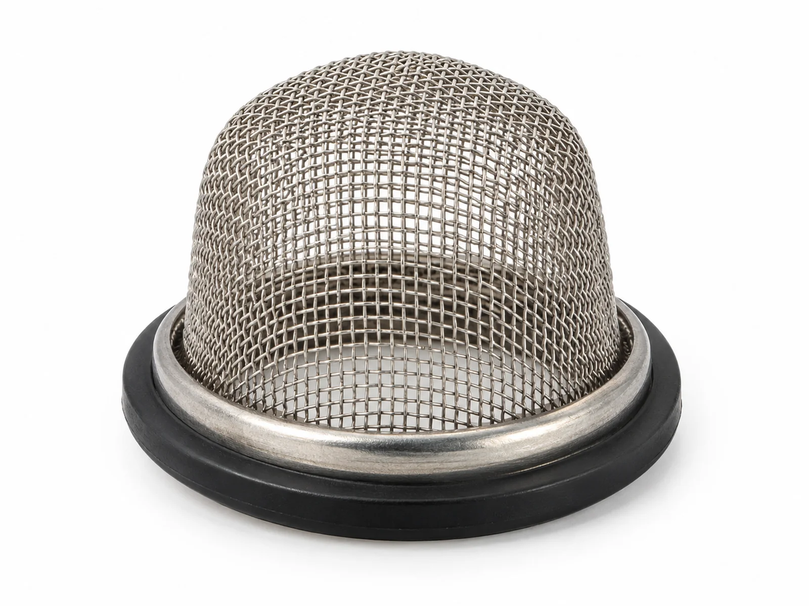 Macro photo of a small cup-shaped stainless steel inlet filter screen