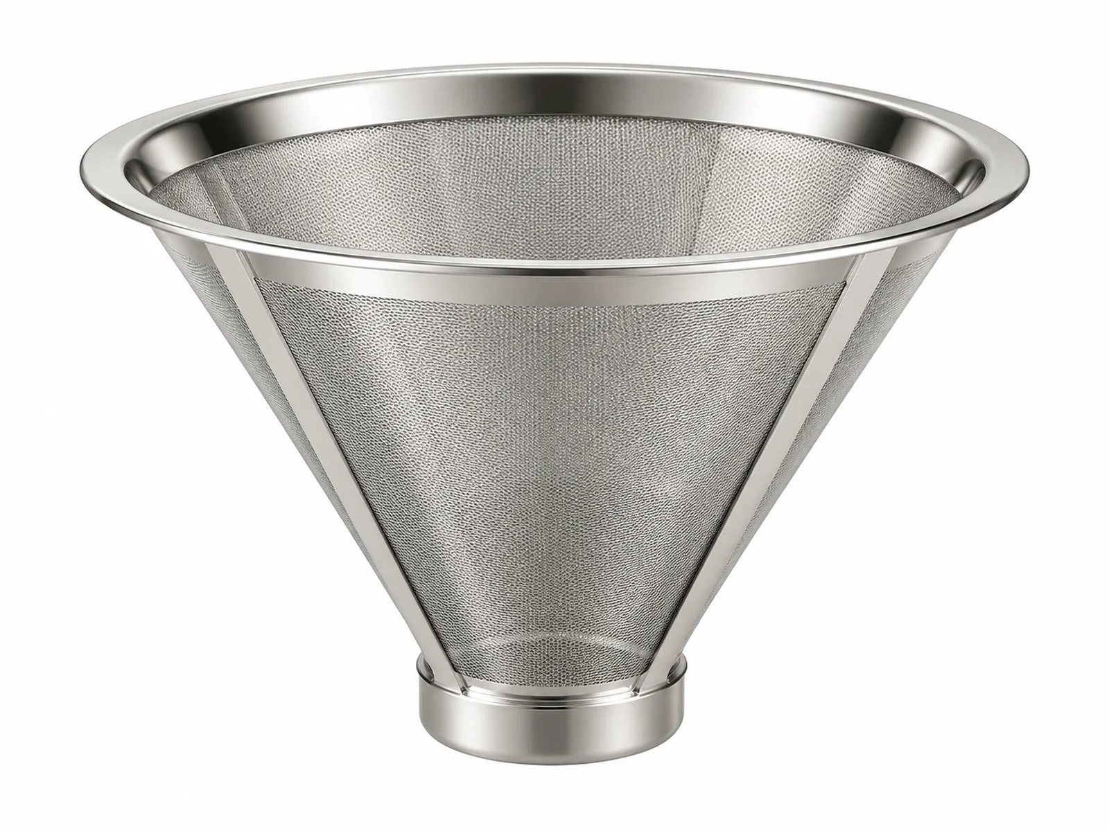 A polished stainless steel double-layer pour-over coffee filter cone with a rolled rim, sitting on a ceramic mug