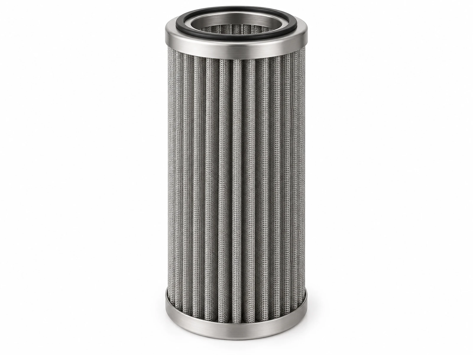 A pleated stainless steel reusable water filter cartridge beside a clear 10 inch filter housing on a utility room wall
