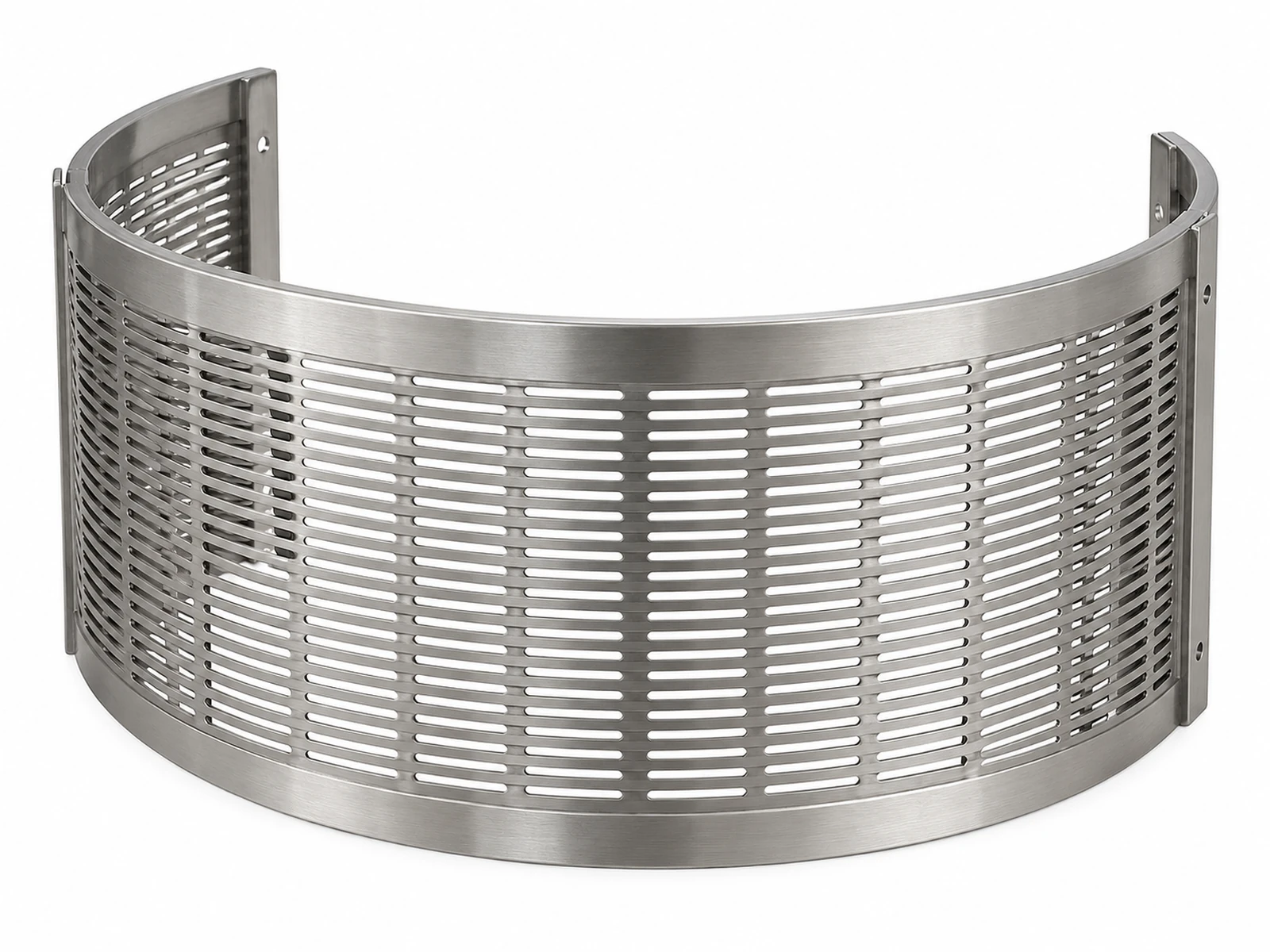 Curved slotted perforated steel rice polisher screens beside a rice whitening machine, white rice and bran
