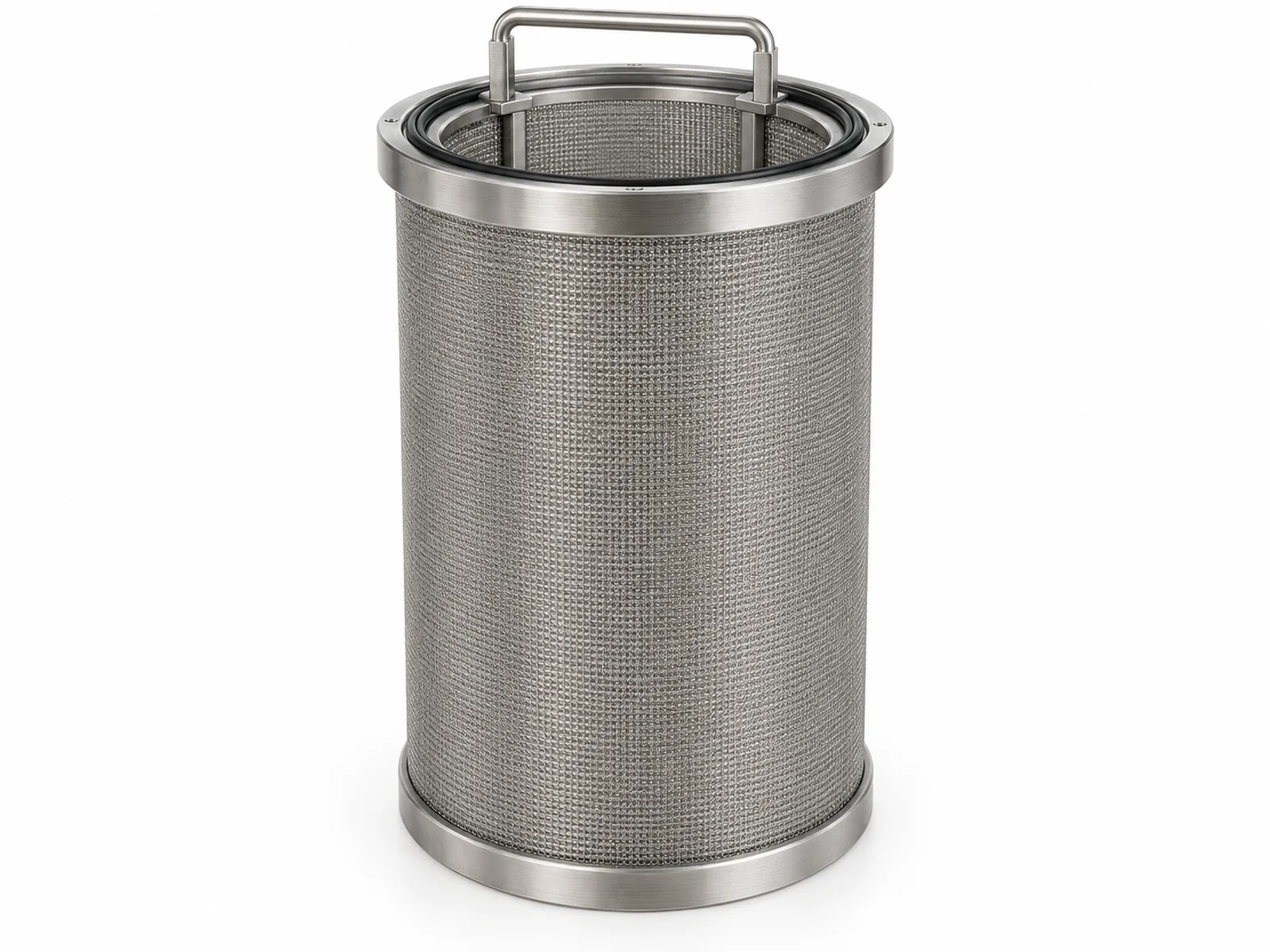A cylindrical sintered stainless steel mesh screen element beside an opened automatic self-cleaning water filter housing