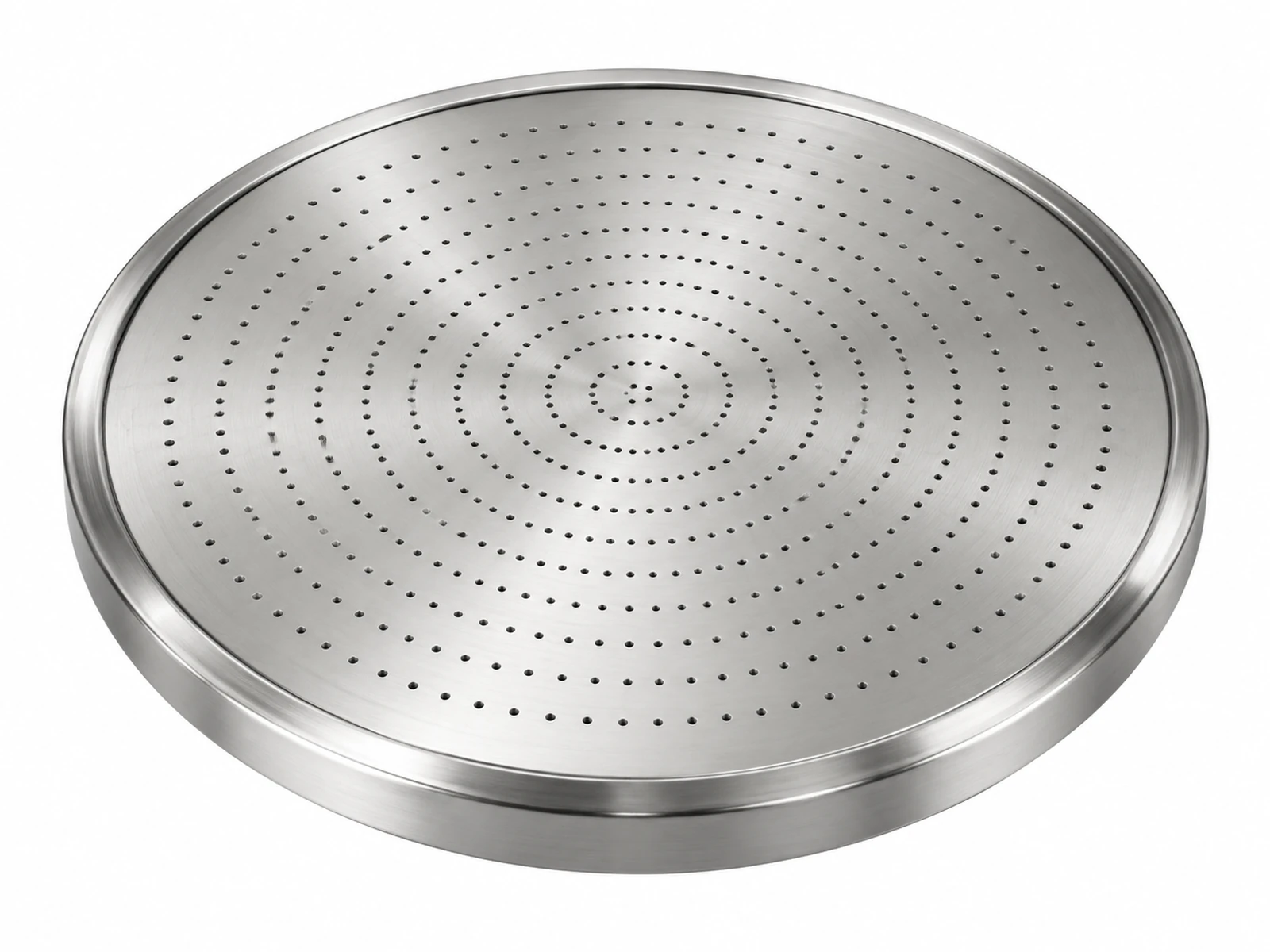 A round brushed stainless steel rain shower head face plate with hundreds of tiny etched nozzle holes