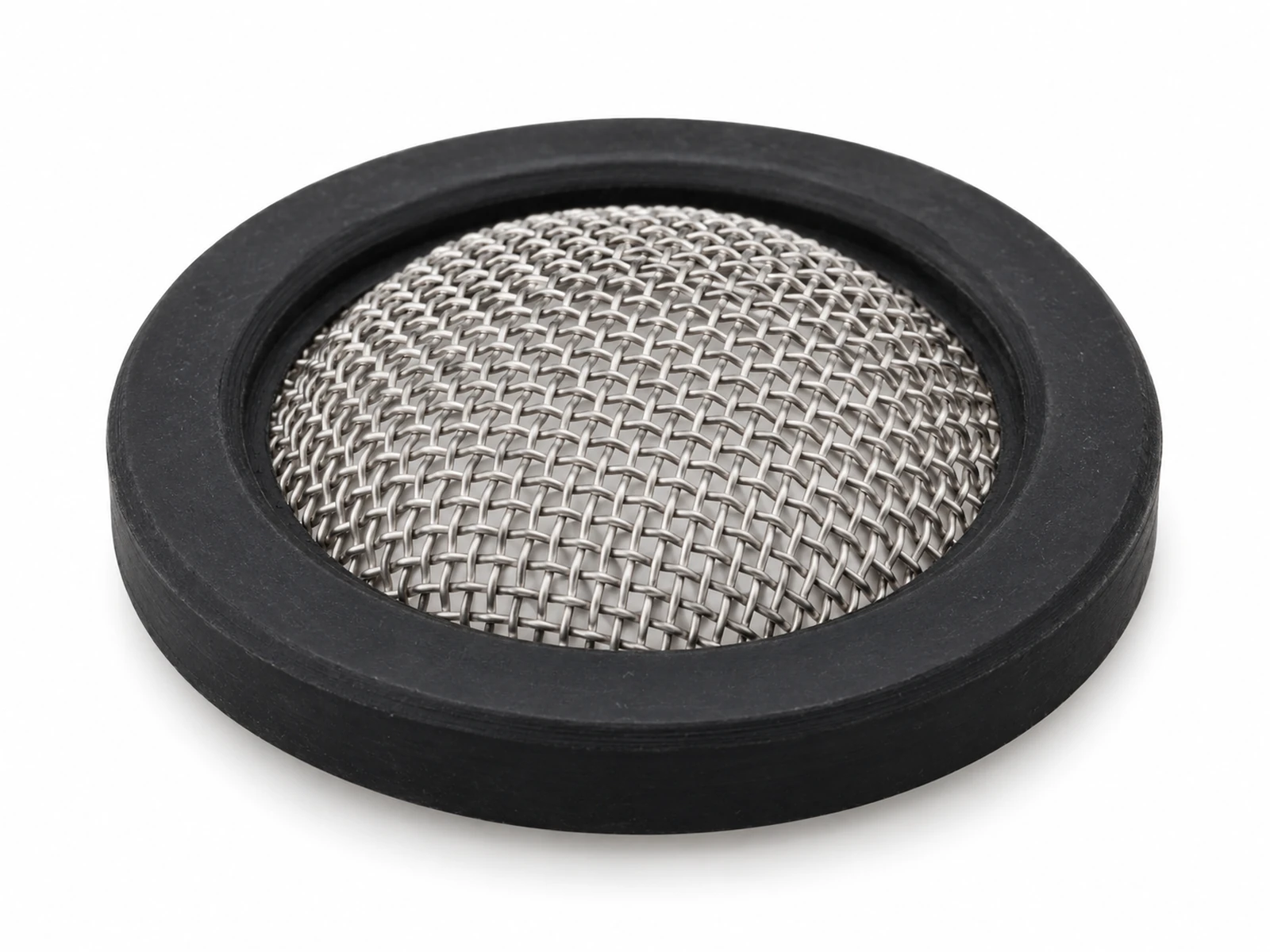 Several round stainless steel mesh filter washers with black rubber rims laid next to a chrome shower hose nut