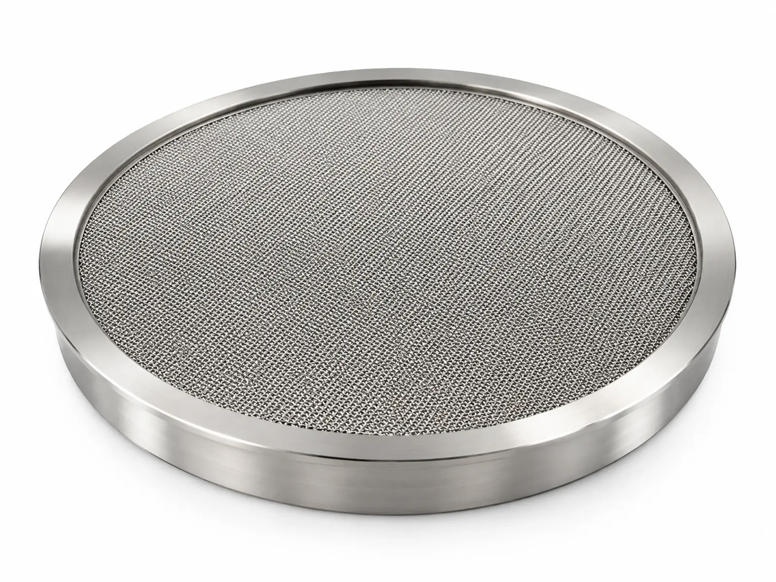 A round sintered stainless steel multi-layer filter disc in a large Büchner funnel on a vacuum flask