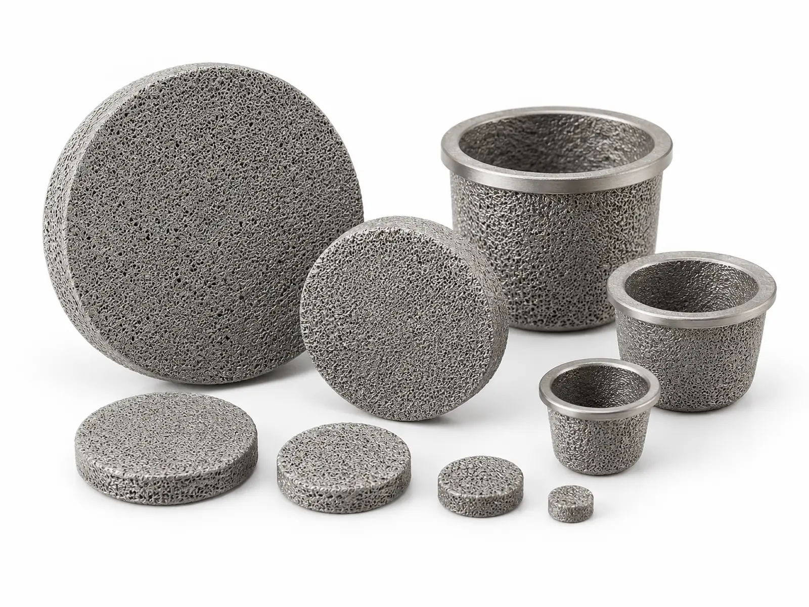 A group of small grey sintered porous stainless steel filter discs and cup-shaped filters of different sizes