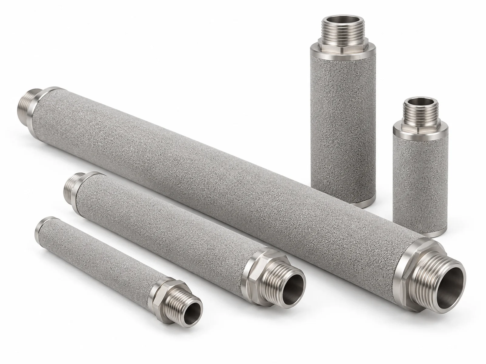 Several grey sintered porous stainless steel filter tubes and cartridges of different lengths