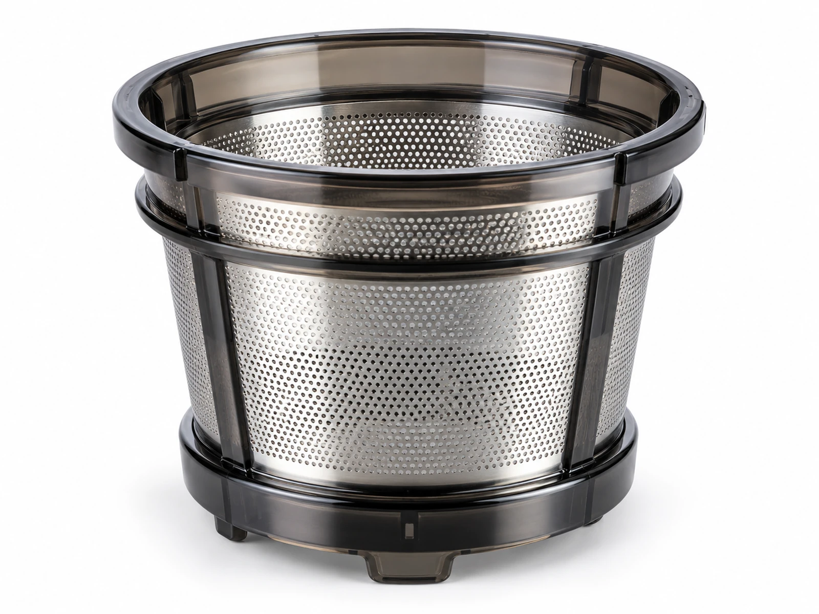 A cylindrical etched stainless steel slow juicer strainer drum with thousands of tiny holes, next to a white auger