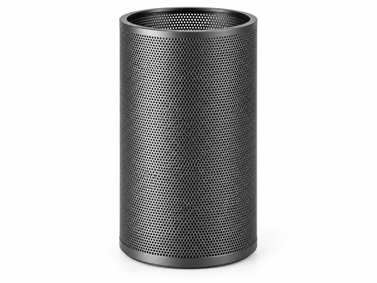 A tall cylindrical smart speaker wrapped in a seamless dark grey anodized aluminum micro-perforated metal grille