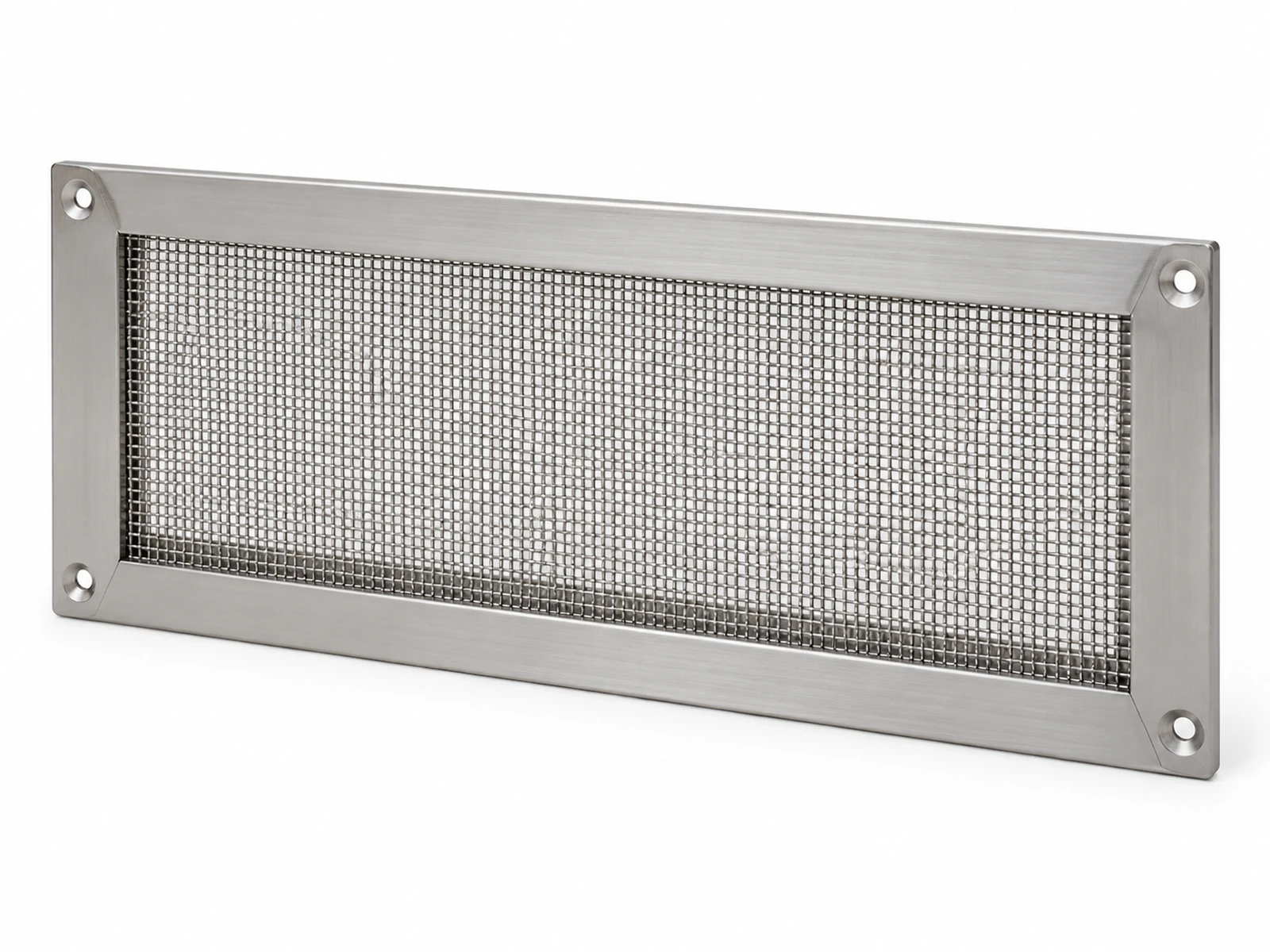Close-up of a house soffit vent covered with fine stainless steel woven insect and ember mesh, white painted eaves, daylight