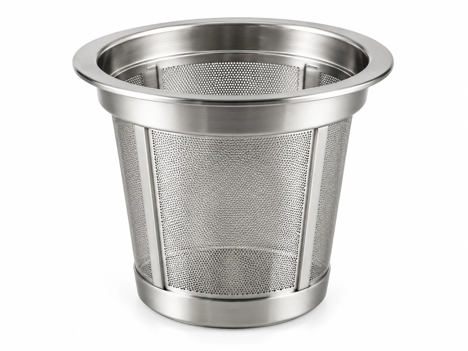 A stainless steel fine-mesh soymilk maker filter cup attached to a motor head with grinding blade, soybeans