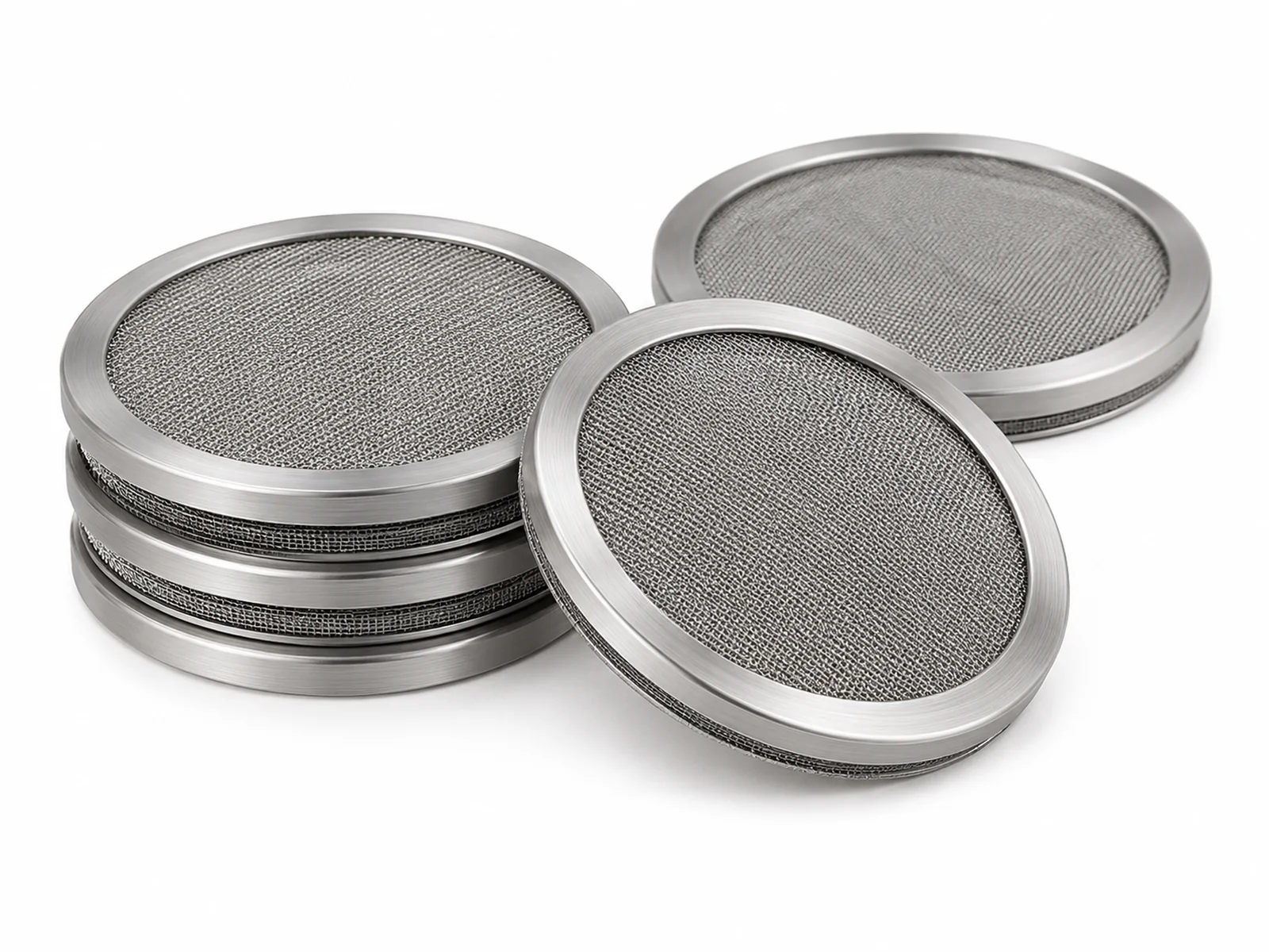Several small multi-layer stainless steel spin pack filter discs with aluminum rims beside a fiber spinneret plate
