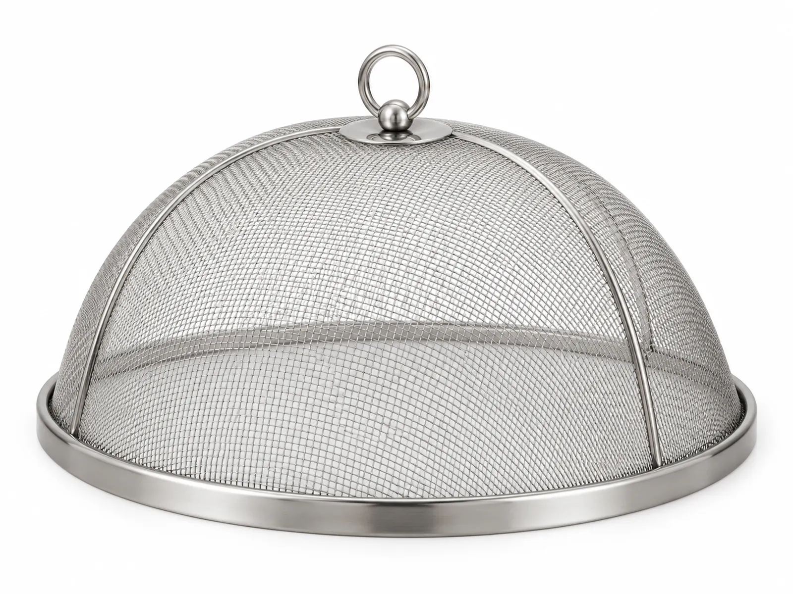 A stainless steel woven mesh dome food cover over a plate of pastries on an outdoor wooden table, summer garden background