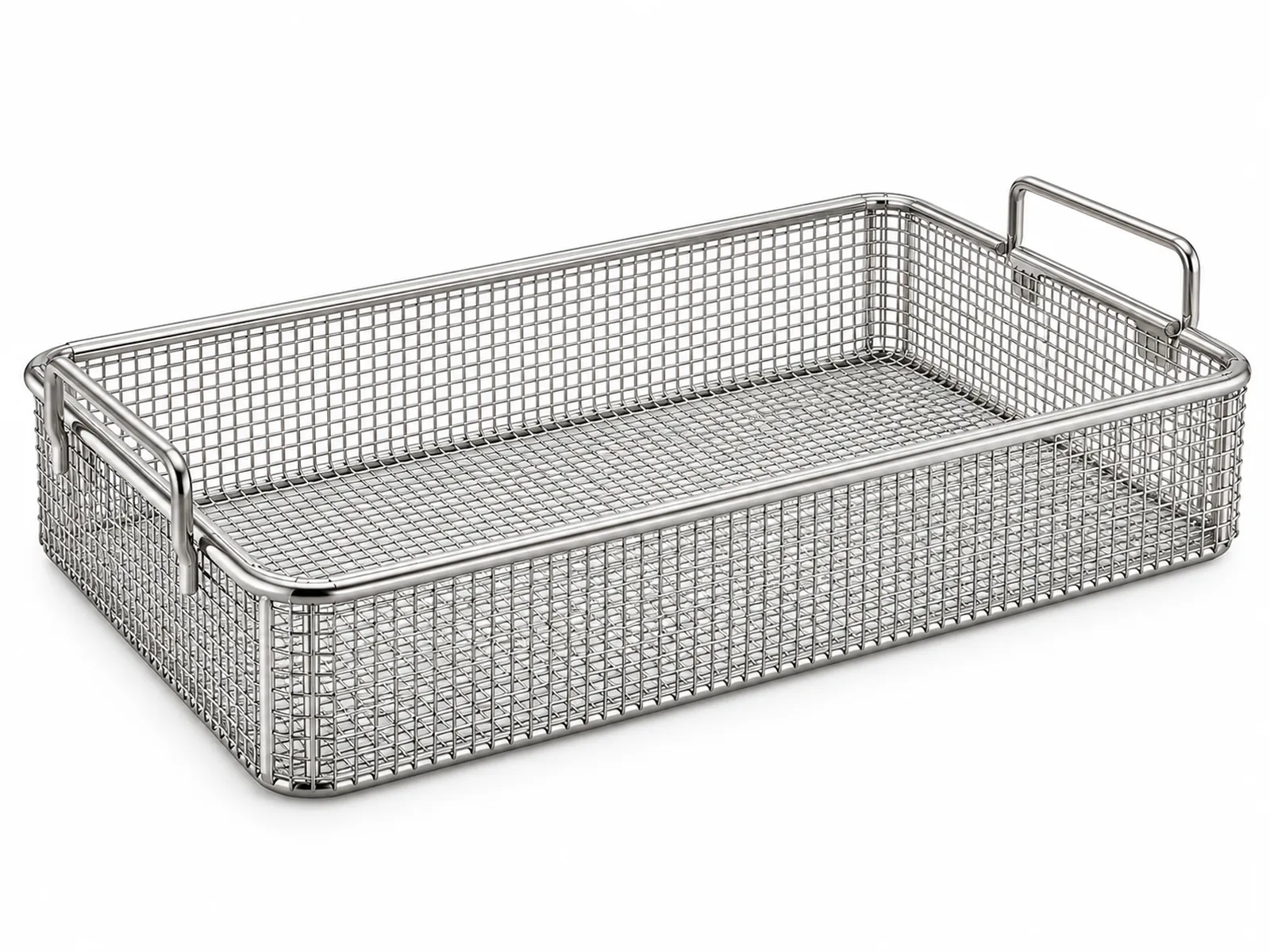 A rectangular electropolished stainless steel wire mesh sterilization basket with handles, filled with surgical instruments