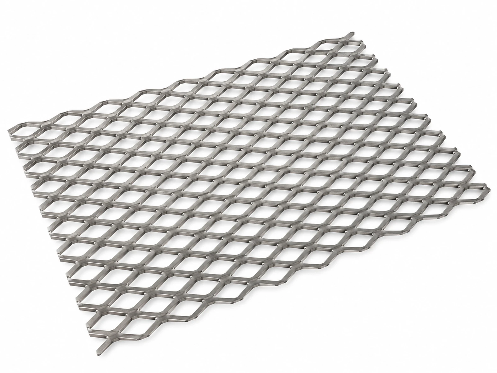 A sheet of grey expanded titanium mesh with diamond openings next to a platinized titanium anode, electrochemistry lab