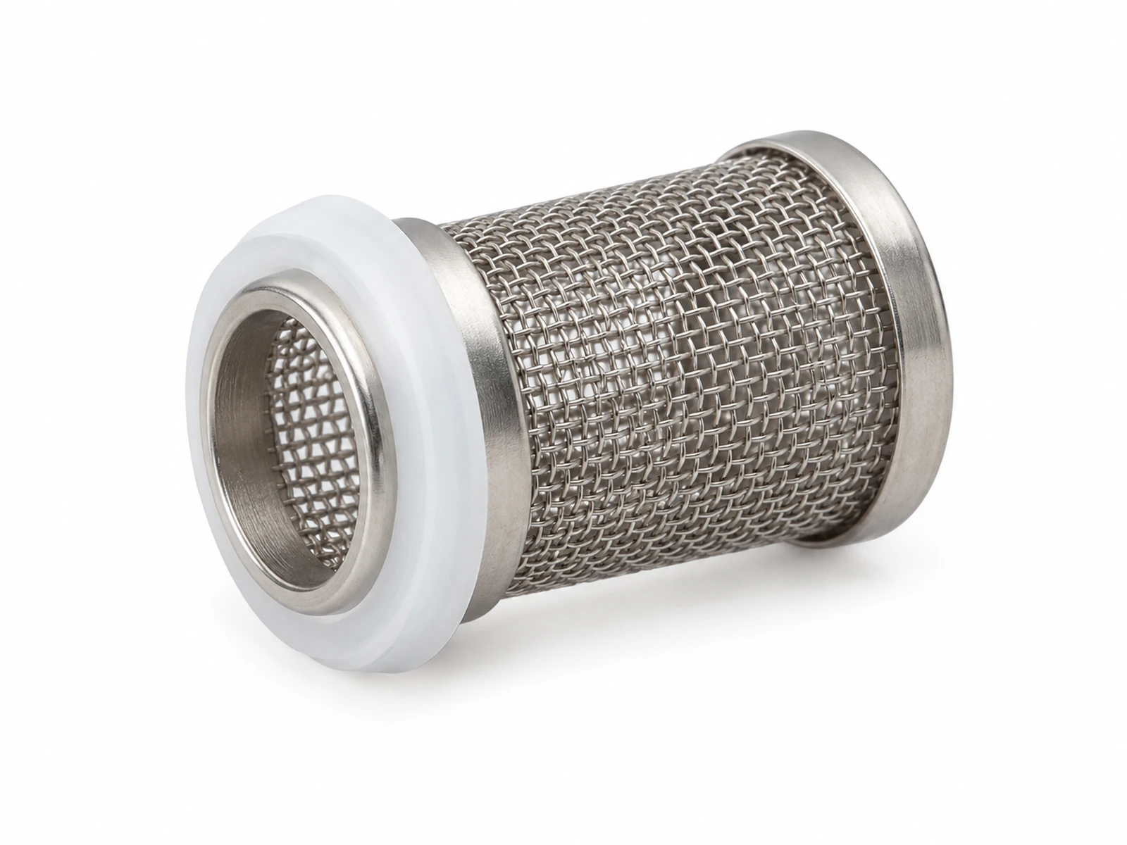 A small cylindrical stainless steel mesh inlet filter screen next to a white toilet cistern fill valve