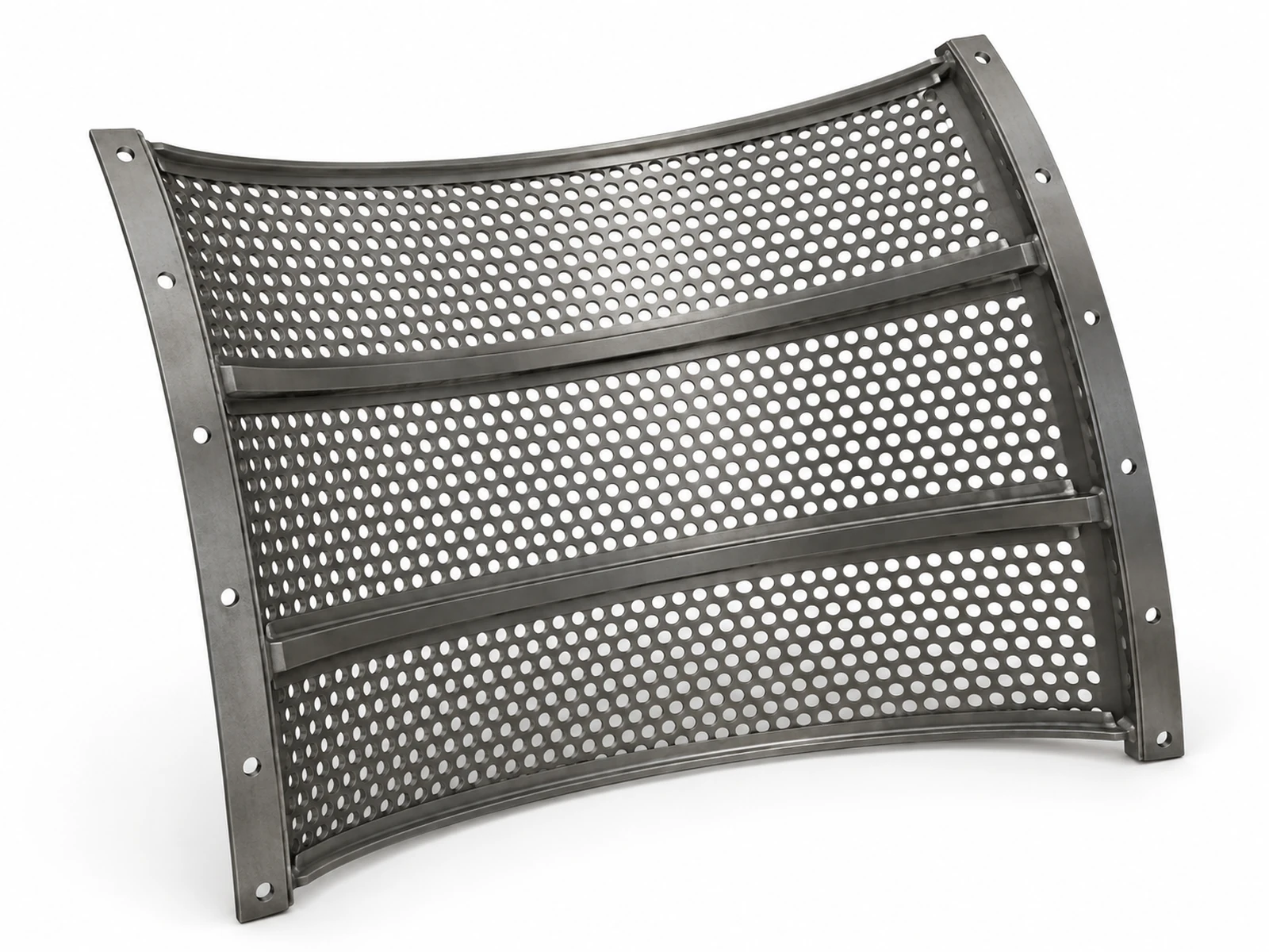 Curved heavy perforated steel trommel screen panels bolted inside a rotating trommel drum at a compost site