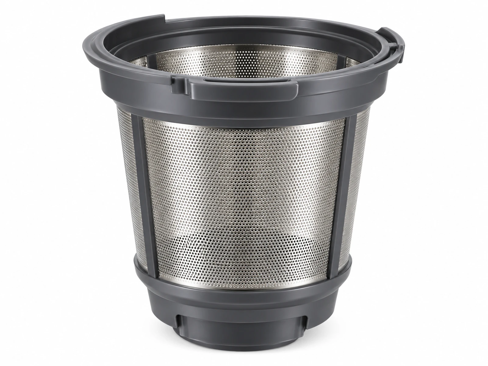 A cylindrical fine-perforated stainless steel cyclone mesh shroud removed from a bagless stick vacuum dust bin, hair