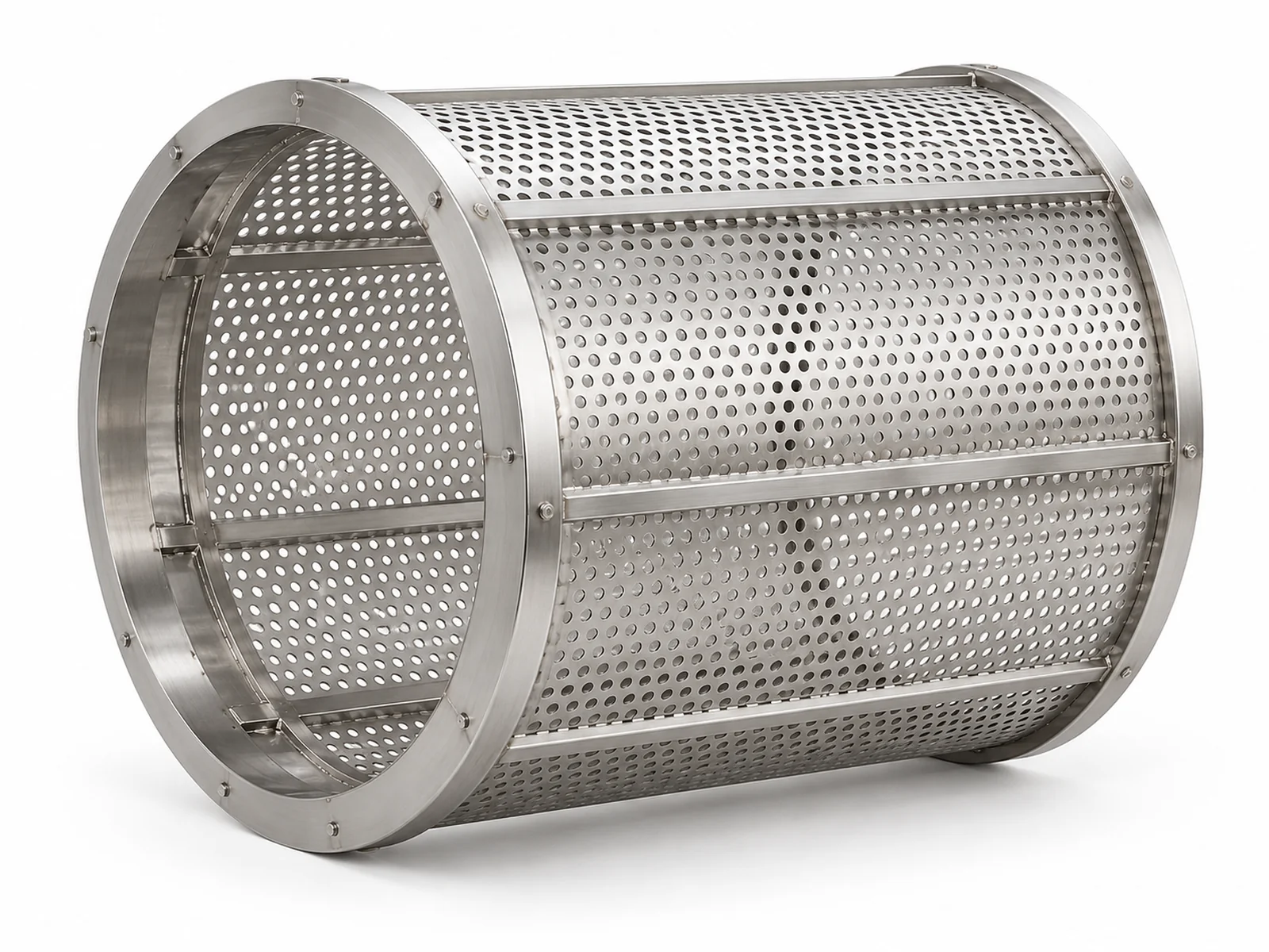 A rotating perforated stainless steel drum vegetable washer full of potatoes with water spray in a food processing plant