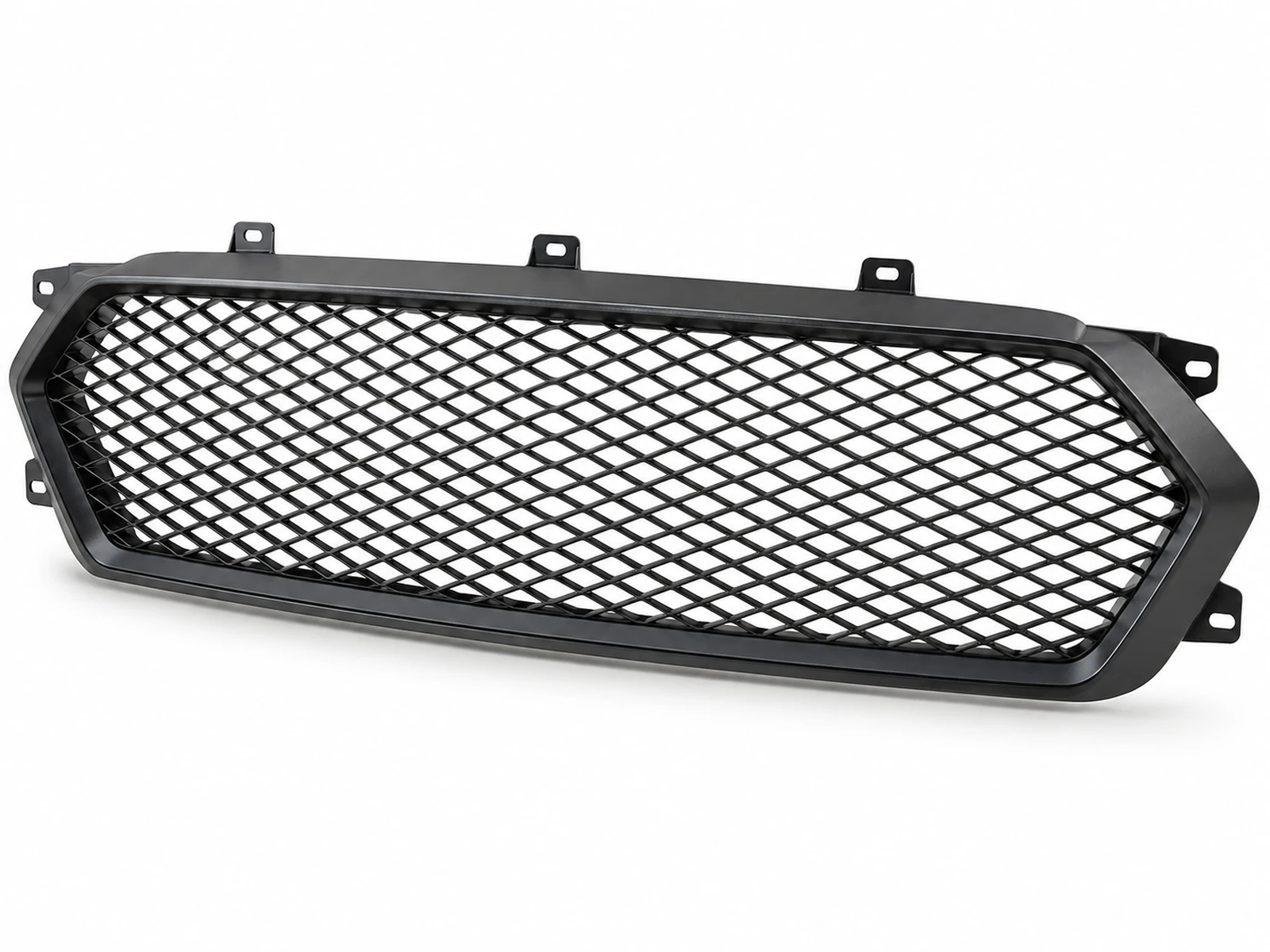 Front of a dark grey sports car with black diamond-pattern expanded metal mesh filling the grille and lower bumper intakes