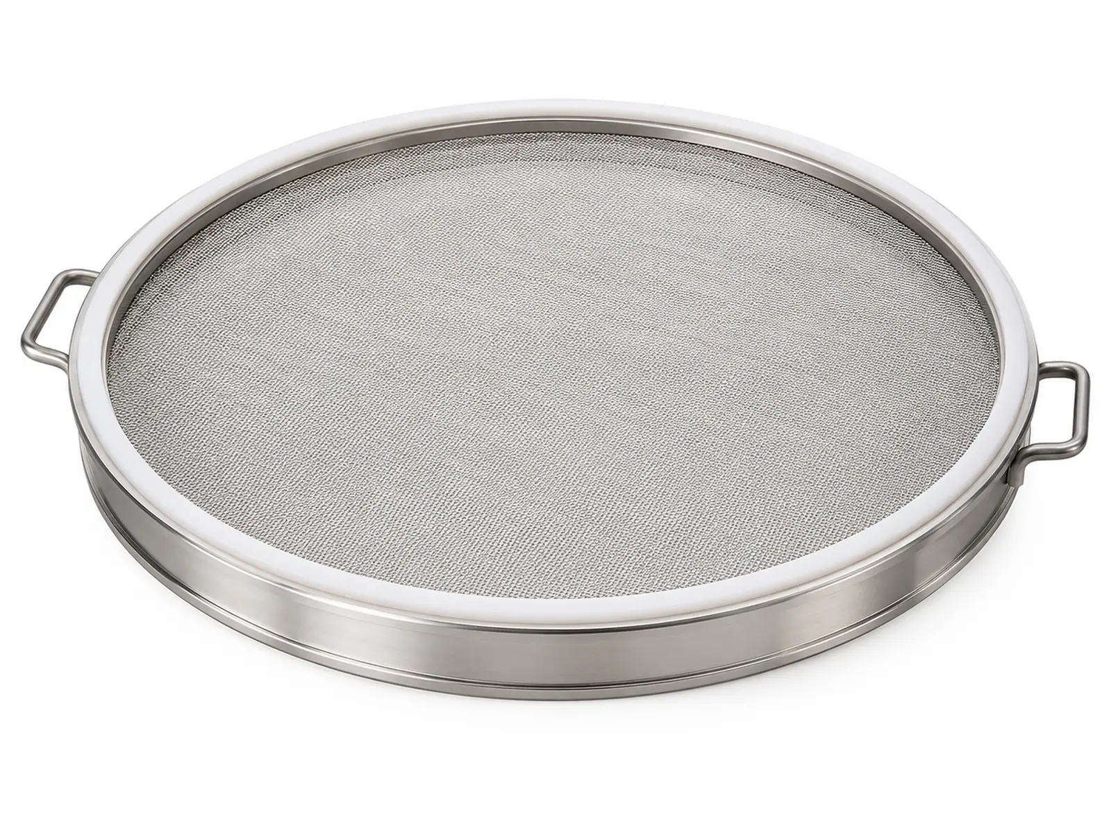 A round stainless steel vibro sifter screen with tensioned fine mesh and white silicone gasket being